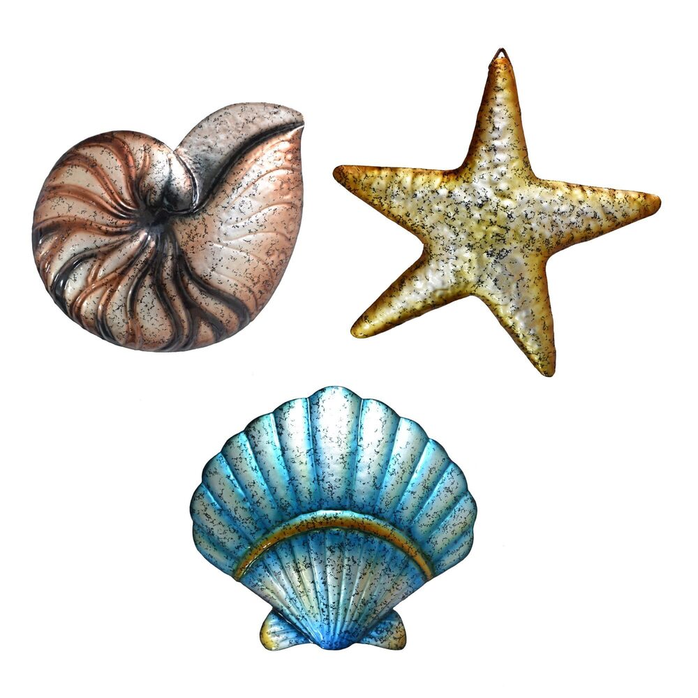 9245 3 Pcs Metal Beach Wall Decor Sea Star Shell Conch Metal Decor Ocean